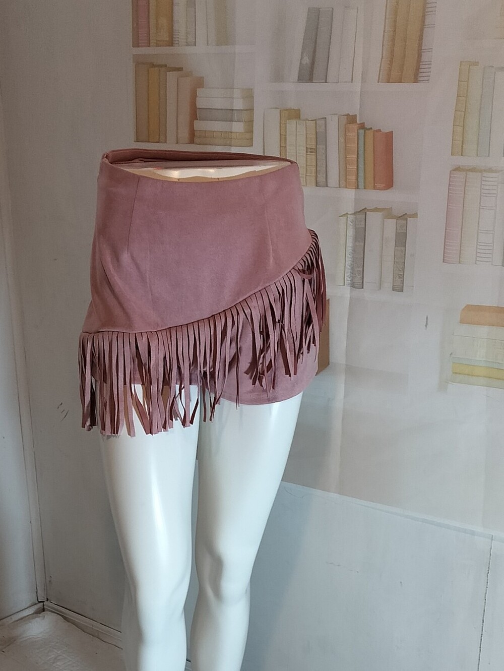 SHEIN Pink Suede Fringe Mini Skirt